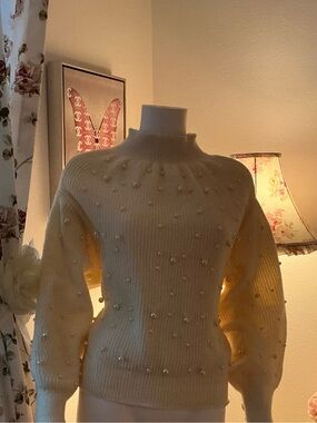 Pearl-Embellished Cream Turtleneck Sweater